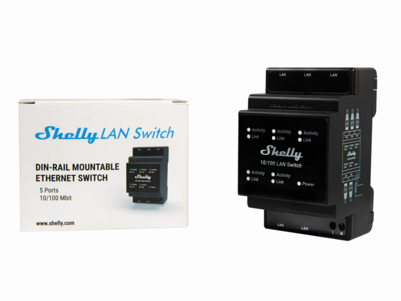 Shelly LAN Ethernet Switch DIN-rail met 5x RJ45-poorten