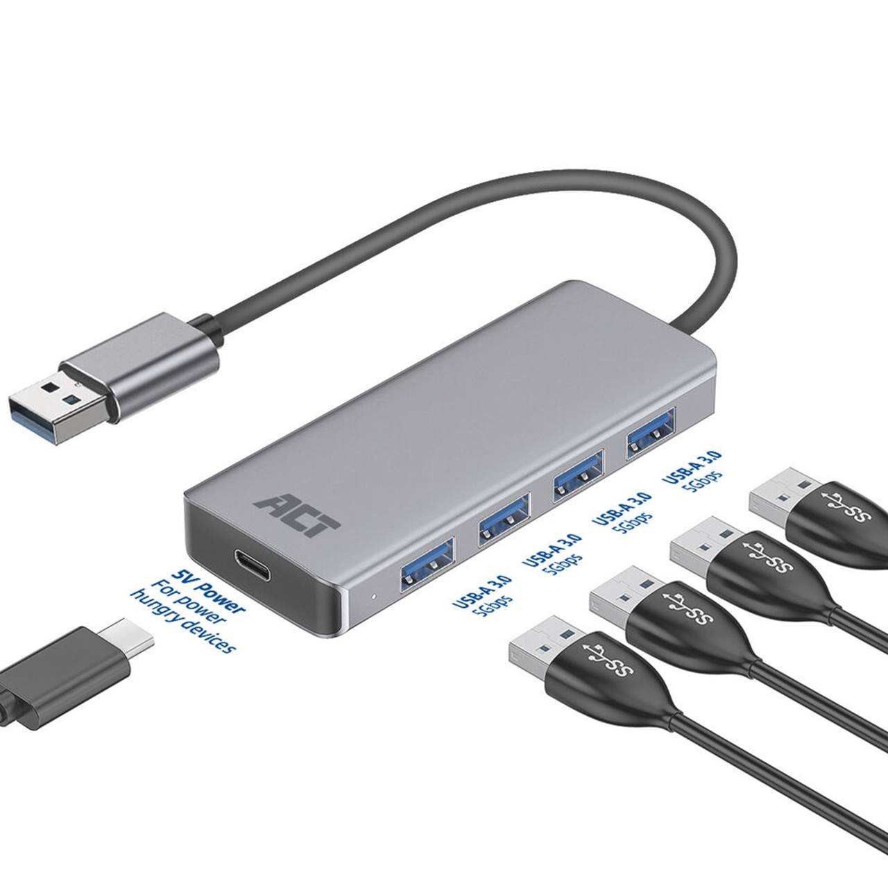 ACT USB Hub 3.2, 4x USB-A, met stroomadapter en kabel
